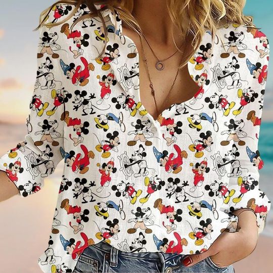Discover Disney Mickey Cruising Linen-Look Shirt, Mickey Mouse Women Shirt, Mickey Captain Blouses Tops, Disney Family Trip Shirt, Summer Gifts