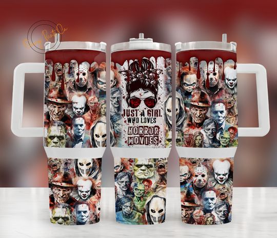 Discover Girl Loves Horror Movies 40oz Quencher Sublimation Wrap, Halloween Tumbler Png, Scary Tumbler Wrap, Scary Movie Tumbler Wrap, Scary Stanley
