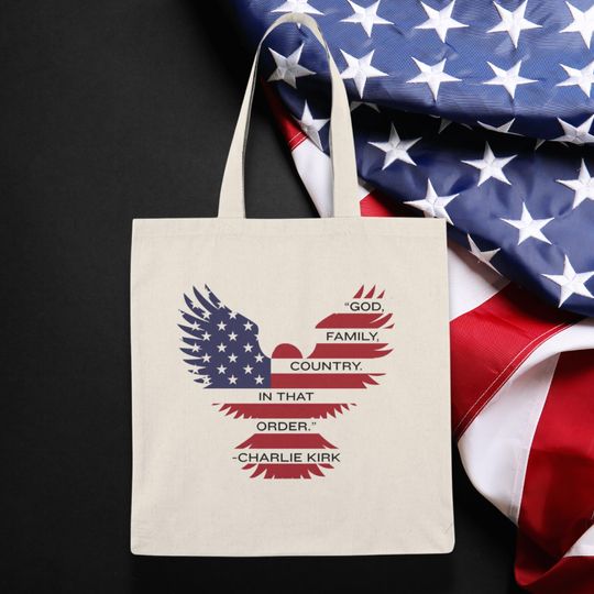 Patriotic Charlie Kirk Tribute Tote Bag - God, Family, Country - Eco-Friendly Canvas Bag, Everyday Use, Gift for her, Gift for him, USA