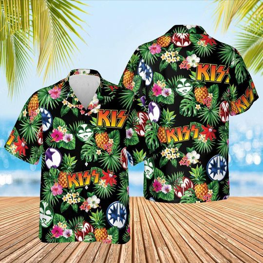 Discover Rock Band Inspired Hawaiian Shirt, Tropical Floral Aloha Button Up, Retro Music Festival Beach Vacation Outfit, Summer Beach Vacation Shirt