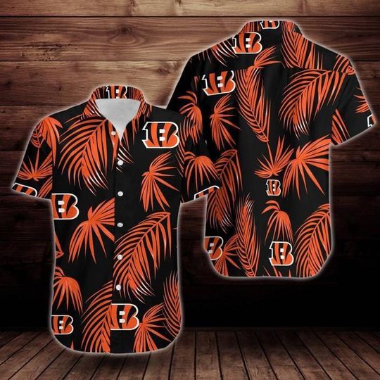Football Inspired Hawaiian Shirt, Orange Black Tropical Aloha Button Up, Sports Fan Game Day Summer Beach Outfit, Bengals Hawaiian Shirt