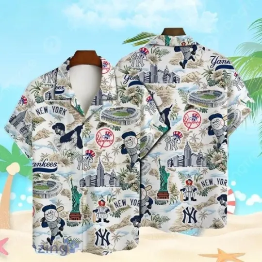 Discover New York Yannkess Baseball Pattern On White Print Hawaiian Shirt, Gift for Fan