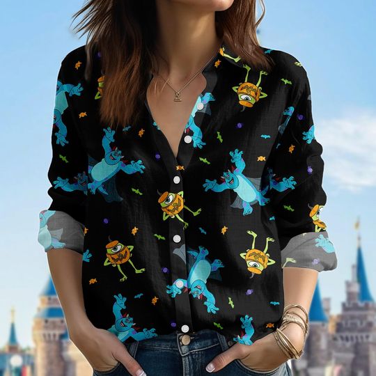 Discover Monsters Inc Blouse Shirt, Halloween Party Women Shirt, Spooky Season Shirt For Her, Sulley Mike Casual Shirt, Halloween Gift