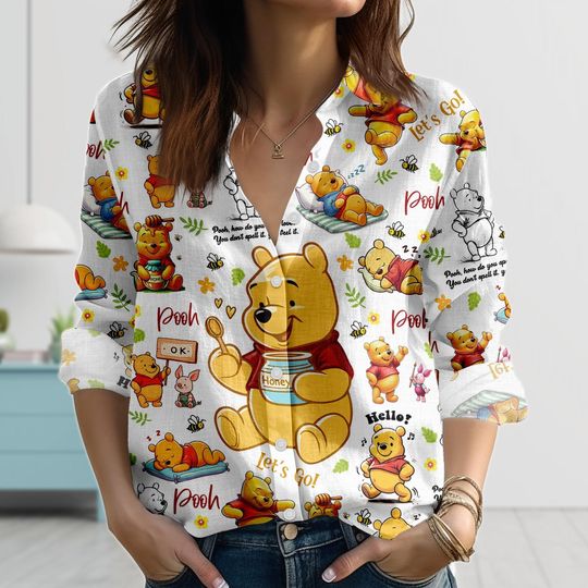 Discover Retro Winnie The Pooh Linen-Look Shirt, Honey Bear Women Shirt, Classic Disney Pooh Blouse Shirt, Vintage Cartoon Shirt, Halloween Gift