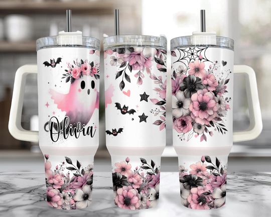 Discover Spooky Pink Ghost 40 oz Tumbler with Handle: Personalized Pink Floral Halloween Cup with Straw