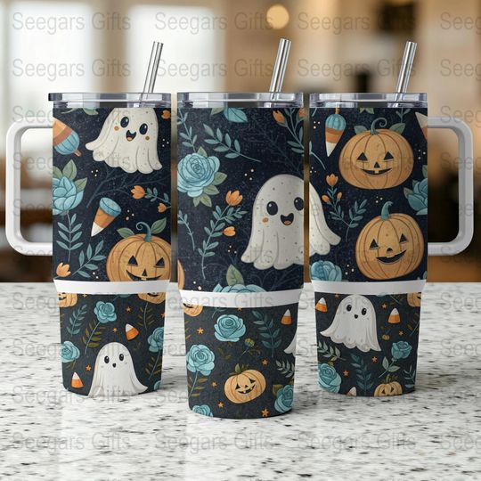 Discover Ghost Pumpkin Tumbler Wrap: Spooky Floral Halloween Design (Digital Download, 40 Oz PNG Files)