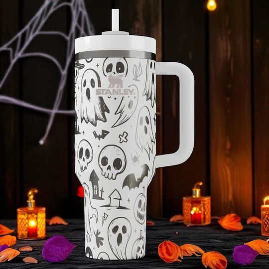 Discover Engraved Ghost Tumbler  Stanley Cup 14oz 20oz 30oz 40oz  Cute Halloween Design with Skulls, Bats, and Pumpkins