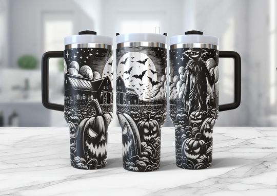 Discover Spooky Halloween Laser 40oz Tumbler svg, Scarecrow and Pumpkins Engraved Tumbler Seamless Laser Design, 40oz rotary cup instant download