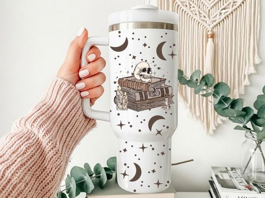 Discover 40oz Tumbler For Halloween, Spooky Tumbler For Fall, Moon And Stars Tumbler, Book Lover Tumbler, 40oz Skull Tumbler