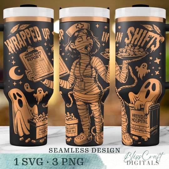 Discover Wrapped up in shifts Halloween Mummy Nurse SVG, Seamless Nurse 40oz Tumbler Wrap, Laser Engraved Cup Design, Instant Digital Download