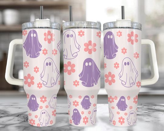 Spooky Purple Ghost Tumbler: 40 oz Halloween Cup with Handle