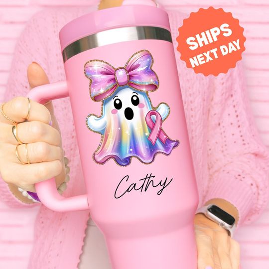 Boo Ghost Breast Cancer Awareness Tumbler: Personalized 40oz Stainless Steel