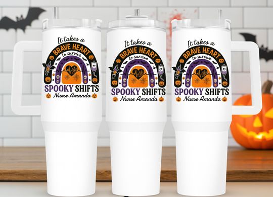 Discover Halloween Nurse 40oz Tumbler with Handle, Spooky Shifts Brave Heart Cup, Personalized RN Gift for Olivia, Fall ER Nurse Mug