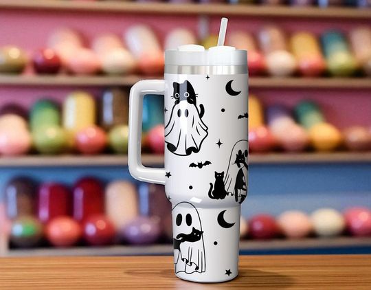 Discover Halloween Black Cat Tumbler: Spooky Ghosts Stainless Steel, 40oz