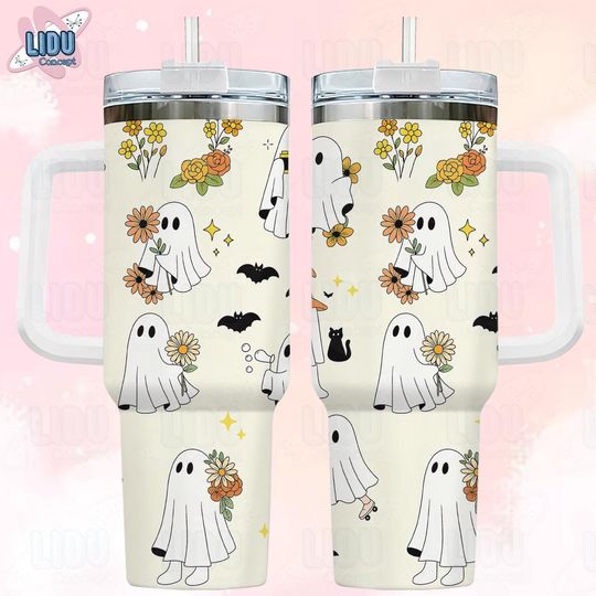 Discover Cute Halloween Ghost 40oz Tumbler, Spooky Floral Cup with Handle, Fall Aesthetic 40oz Tumbler Gift for Her, Boo Tumbler, Halloween Gift