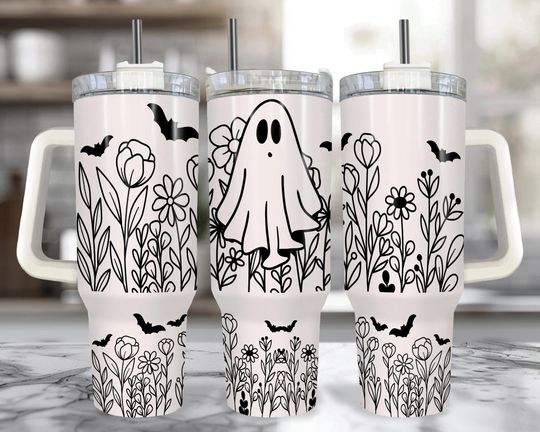 Discover Spooky Ghost 40 oz Tumbler with Handle: Halloween Cup with Straw