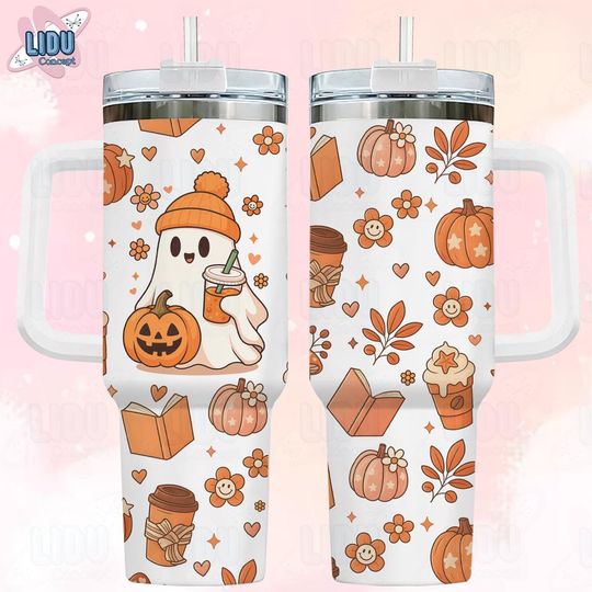 Discover Cute Halloween Ghost 40oz Tumbler, Spooky Floral Cup with Handle, Fall Aesthetic 40oz Tumbler Gift for Her, Boo Tumbler, Halloween Gift