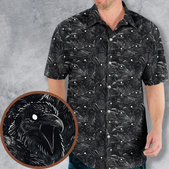 Discover Raven Pattern Hawaiian Button Down Shirt