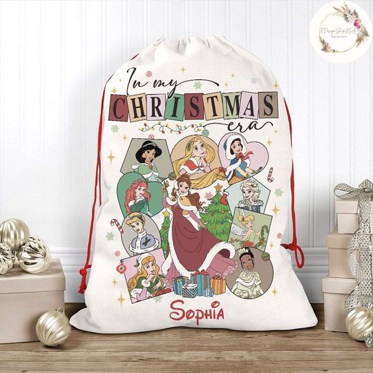 Discover Personalized Disney Princess Christmas Sack, In My Christmas Era Princess Santa Sack Keepsake, Disney Girl Trip Christmas Gifts Bag