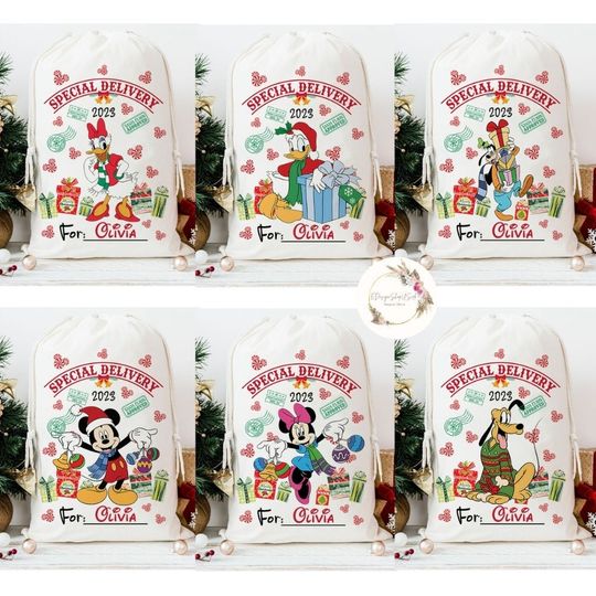 Discover Personalized All Characters Special Delivery Disney Christmas Sack, Mickey and Friends Santa Sack Keepsake, Disney Family Christmas Bag