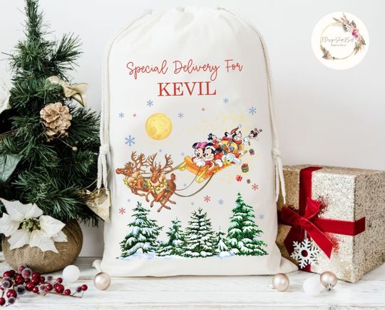 Discover Personalized Special Delivery Disney Christmas Sack, Mickey and Friends Santa Sack Keepsake, Disney Family Christmas Bag, First Xmas