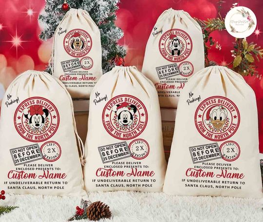 Discover Personalized North Pole Overnight Delivery Santa Bag, Mickey and Friends Christmas Santa Sack, Special Delivery Disney Christmas Sack
