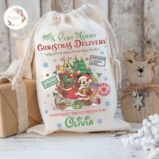 Personalized Disney Christmas Santa Sack Bag, Mickey & Friends Xmas Sack, Christmas Eve Bag,Xmas Present Bags, Very Merry Christmas Delivery