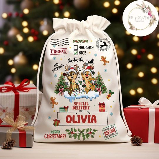 Discover Personalized Chip n Dale Special Delivery Disney Christmas Sack, Gift for kids Santa Sack Keepsake, Disney Family Christmas decoration