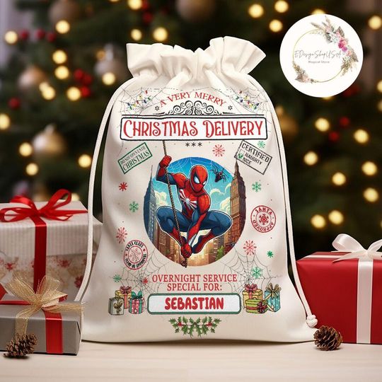 Discover Personalized Spiderman Super Hero Special Delivery Disney Christmas Sack, Spiderman Santa Sack Xmas Keepsake sack for kids