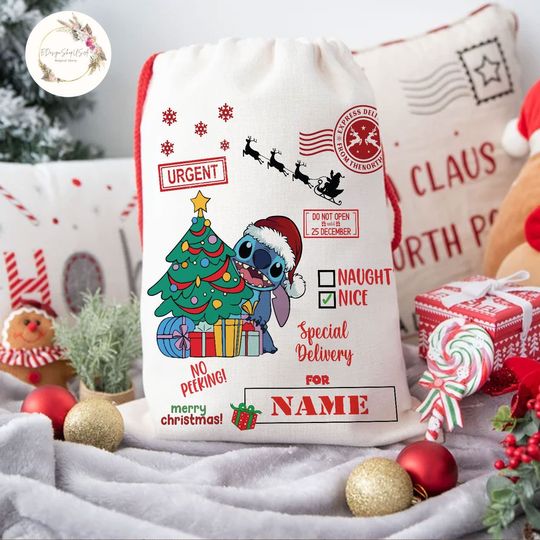 Discover Personalized Stitch Special Delivery Disney Christmas Sack, Xmas Stitch Santa Sack Keepsake, Disney Family Christmas Bag, Xmas Bags