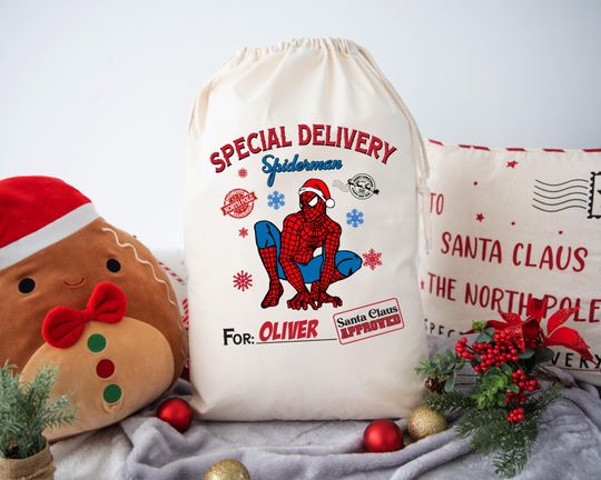 Spiderman Personalised Santa Sack, Christmas Bags, Christmas Eve Gift Bags, Holiday Gift, Stuff Bags, Childrens Present Sack