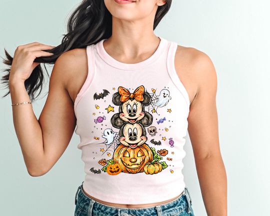 Discover Halloween Mickey Mouse & Minnie Mouse Cropped Tank Top: Disney Inspired Spooky Season Tee