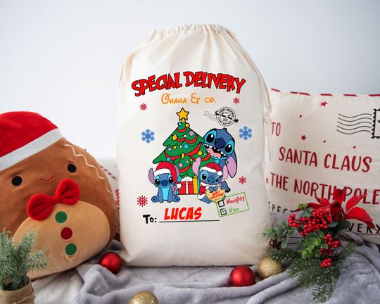 Discover Ohana Stitch Personalised Santa Sack Christmas Bags with Name Christmas Eve Gift Bags Box Holiday Gift Large Santa Sack Stuff Bags