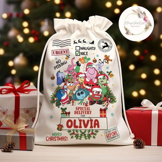 Discover Personalized Disney Inside out 2 Special Delivery Christmas Sack, Gift for kids Santa Sack Keepsake, Joy Anxiety Sadness X-mas sack Gifts