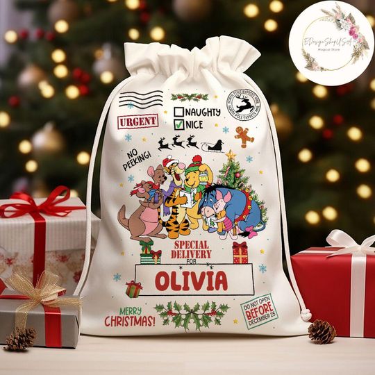 Discover Personalized Winnie The Pooh Special Delivery Disney Christmas Sack, Gift for kids Santa Sack Keepsake, Disney Family Christmas decoration