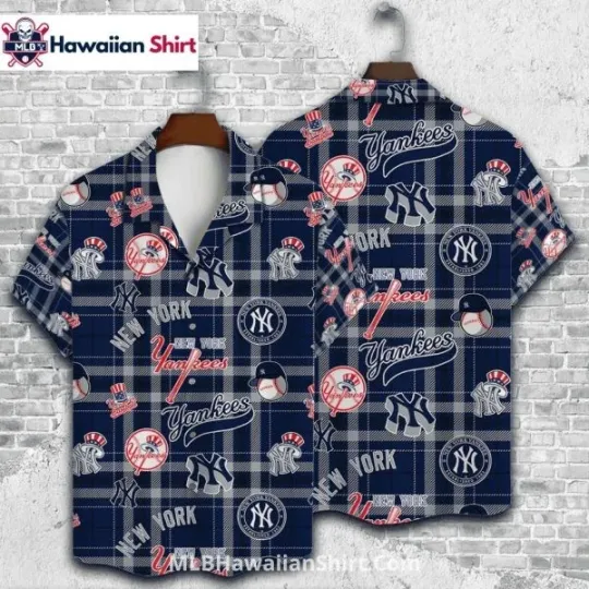 Discover Plaid Pattern NY Yannkess Hawaiian Shirt With Logos And Text, Gift for Fan