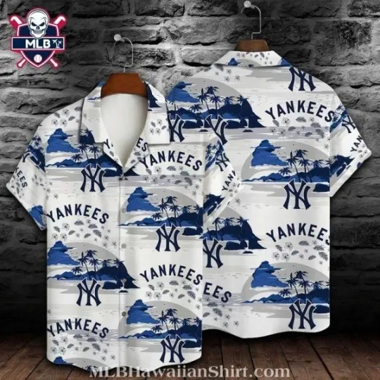 Discover Serene Sky NY Yannkess Tropical Shirt – Cloudy Blue Palms Hawaiian Shirt, Gift for Fan