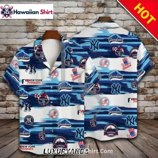 Discover Striped Brush NY Yannkess Hawaiian Shirt With Mixed Logos, Gift for Fan