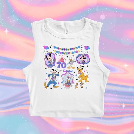 Discover Mickey 70th Disneyland Anniversary, Pluto Friends Bow Crop Tank, Disneyland Castle Baby Tee, Minnie Daisy, Purple Heart Mickey Crop Tank