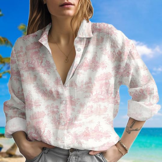 Pink Toile Print Shirt, Vintage Scene Linen Look Blouse, Romantic Pastoral Button Down, Cottagecore Aesthetic Shirt