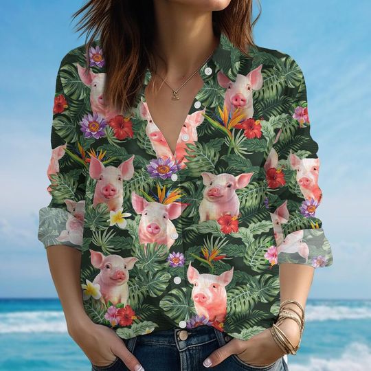Cute Pig Linen Blouse Shirt, Farm Animal Casual Shirt, Funny Piggy Top, Summer Loose Fit Animal Shirt, Country Girl Shirt, Funny Gift