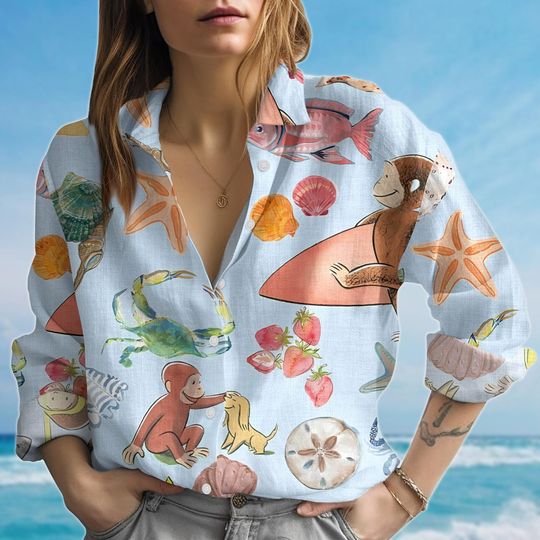 Discover Curious Monkey Blouse Shirt, Ocean Sea Life Linen Blouse, Cute Summer Vacation Shirt, Tropical Button Shirt, Coastal Gift For Her