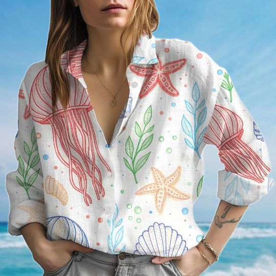 Ocean Animal Blouse Shirt, Sea Life Linen Button Women Shirt, Starfish Jellyfish Shell Print, Beach Vibes Shirt, Birthday Gift For Her