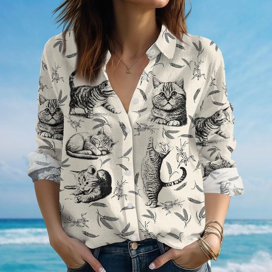 Discover Cat Blouse Shirt For Women, Cute Pet Linen Shirt, Funny Cat Vacation  Shirt, Feline Lover Summer Shirt, Casual Cat Top, Gift For Her