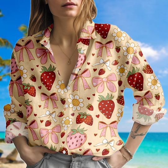 Discover Strawberry Satin Blouse Shirt, Cottagecore Long Sleeve Top, Fruit Bow Linen Shirt, Soft Girl Aesthetic Outfit, Kawaii Blouse