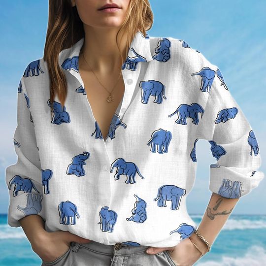 Elephant Blouse Shirt Women, Cute Blouse Button Up Shirt, Safari Animal Women Shirt, Summer Vacation Elephant Shirt, Gift For Her