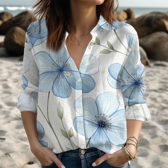 Discover Elegant Blue Floral Blouse Shirt, Flowers Summer Beach Outfit, Light Vacation Women Shirt, Nature Lovers Shirt, Birthday Gift For Her