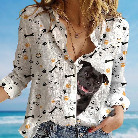 Discover Staffordshire Blouse, Cute Dog Women Shirt, Pet Lovers Shirt, Tropical Long Sleeve Shirt, Cute Puppy Blouse Women, Gift For Her