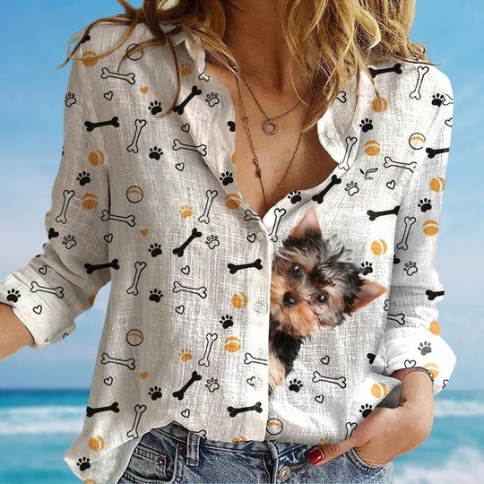 Discover Yorkshire Terrier Blouse, Cute Dog Women Shirt, Pet Lovers Shirt, Tropical Long Sleeve Shirt, Cute Puppy Blouse Women, Gift For Her