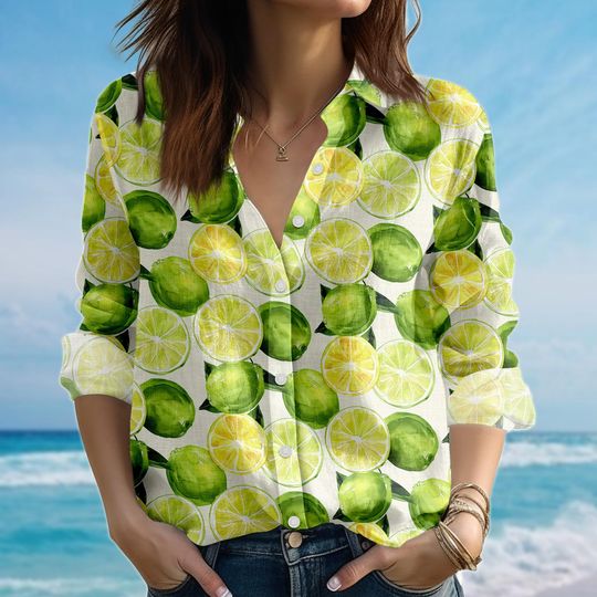 Lime Lemon Blouse Shirt, Green Yellow Citrus Women Shirt, Fresh Fruit Print Summer Top, Tropical Picnic Shirt For Women, Gift For Her